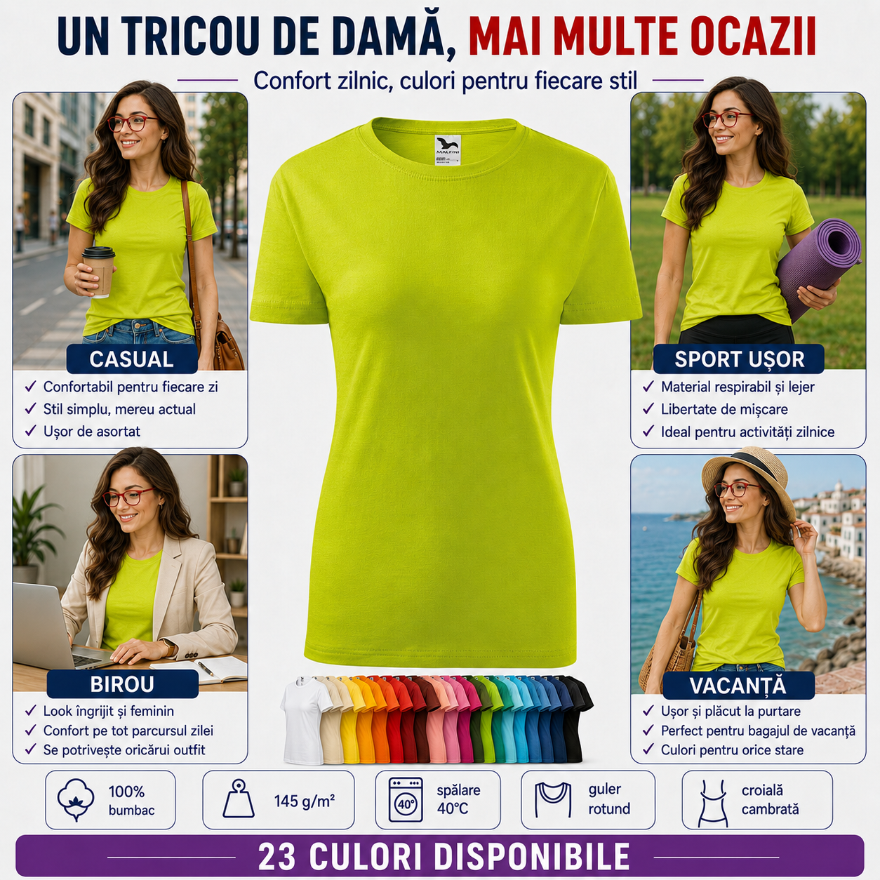 Tricou damă bumbac potrivit pentru birou, oraș, vacanță, timp liber, sport ușor și uniforme